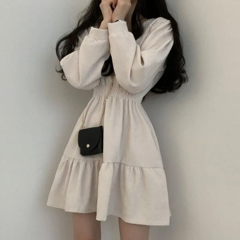 Dámske elegantné šaty s dlhým rukávom, jednofarebný štvorcový golier, áčkový strih, sladký vintage dizajn s vysokým pásom, mini dĺžka, mäkká šik kórejská