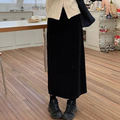 WTEMPO Dámske jesenné a zimné retro jednofarebné manšestrové áčkové sukne, ležérne elastické vysoké pásové dlhé rovné sukne, drop shipping