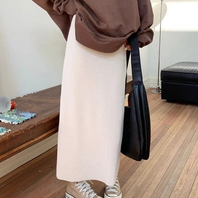 WTEMPO Dámske jesenné a zimné retro jednofarebné manšestrové áčkové sukne, ležérne elastické vysoké pásové dlhé rovné sukne, drop shipping