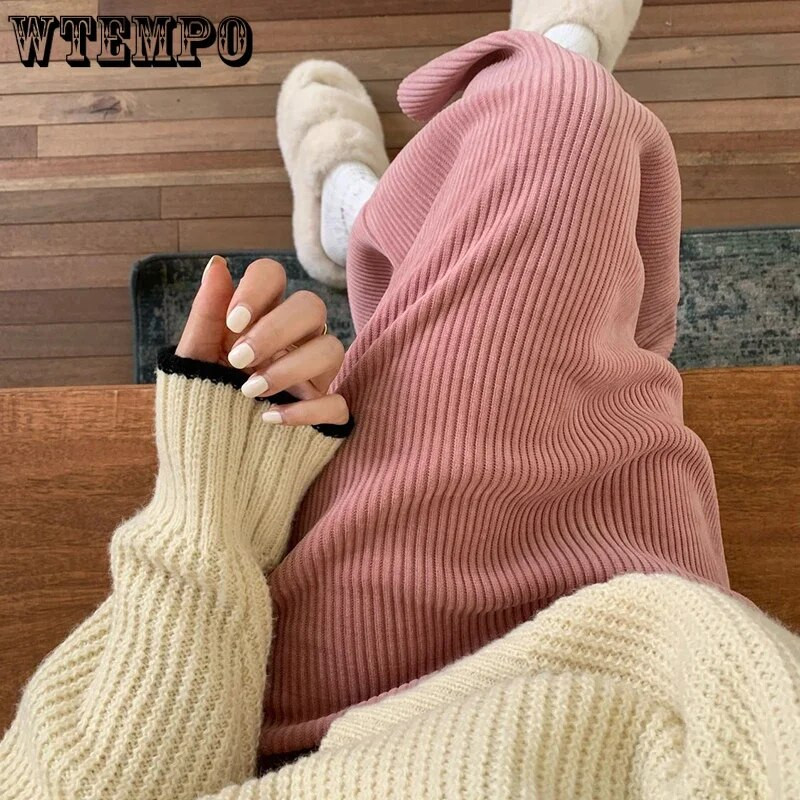 WTEMPO Dámske jesenné a zimné retro jednofarebné manšestrové áčkové sukne, ležérne elastické vysoké pásové dlhé rovné sukne, drop shipping