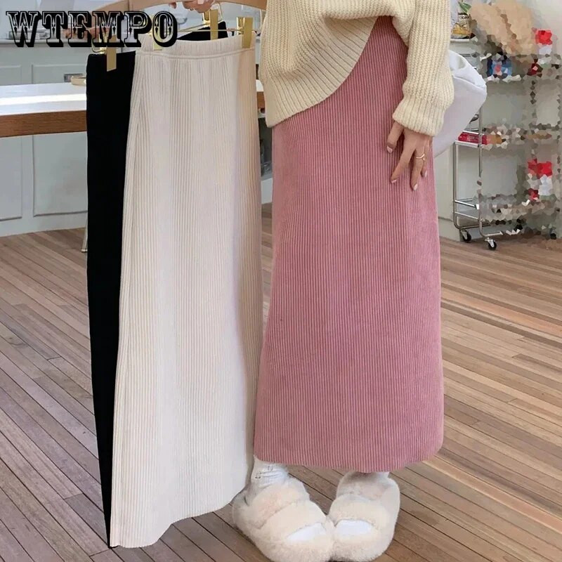 WTEMPO Dámske jesenné a zimné retro jednofarebné manšestrové áčkové sukne, ležérne elastické vysoké pásové dlhé rovné sukne, drop shipping