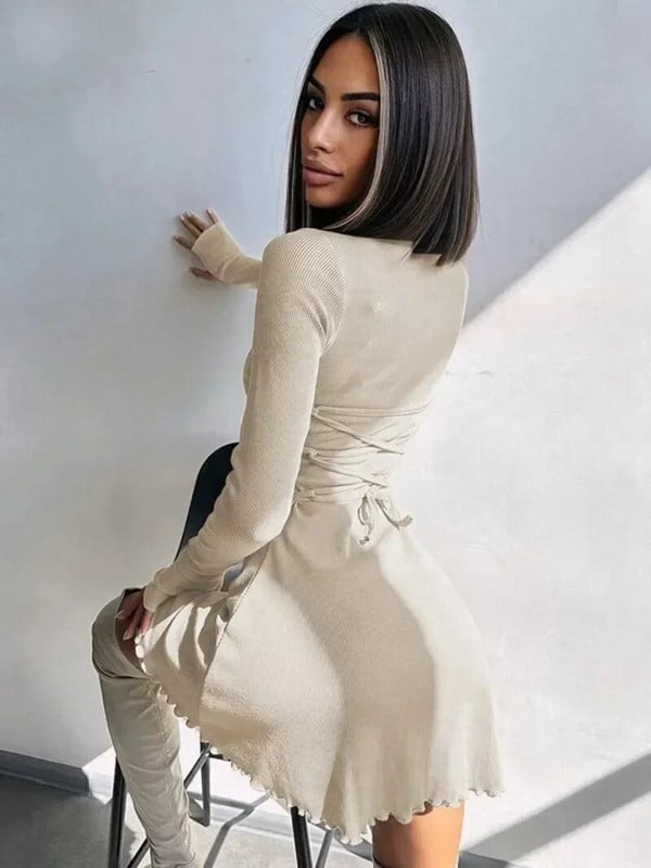 Dámske sexy tuniky s vysokým pásom, bandážou a krátkymi šatami v tvare A, streetwear, čierne šaty s dlhým rukávom a šnurovaním