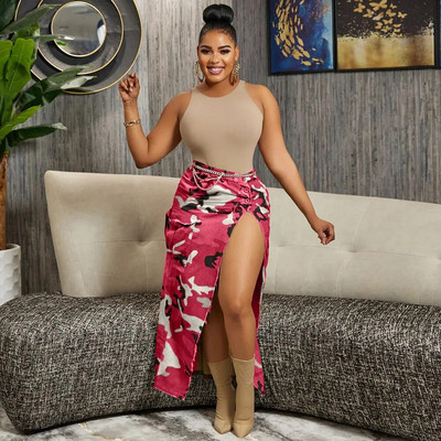 CM.YAYA Dámska módna maskáčová sukňa s gombíkmi a vysokým pásom, slim maxi dlhá cargo sukňa 2023, letná safari sukňa