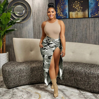 CM.YAYA Dámska módna maskáčová sukňa s gombíkmi a vysokým pásom, slim maxi dlhá cargo sukňa 2023, letná safari sukňa