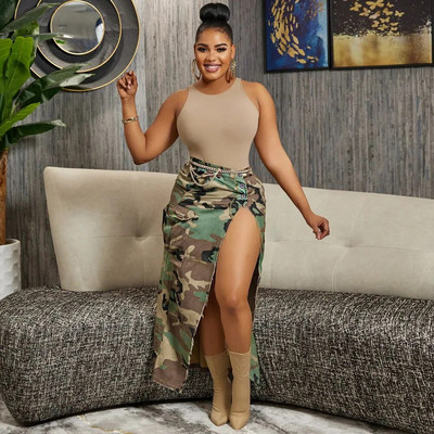 CM.YAYA Dámska módna maskáčová sukňa s gombíkmi a vysokým pásom, slim maxi dlhá cargo sukňa 2023, letná safari sukňa