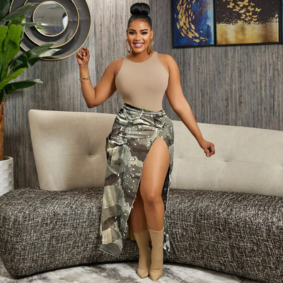 CM.YAYA Dámska módna maskáčová sukňa s gombíkmi a vysokým pásom, slim maxi dlhá cargo sukňa 2023, letná safari sukňa