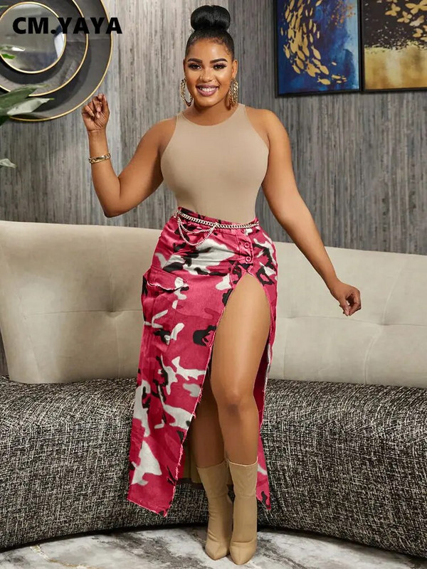 CM.YAYA Dámska módna maskáčová sukňa s gombíkmi a vysokým pásom, slim maxi dlhá cargo sukňa 2023, letná safari sukňa