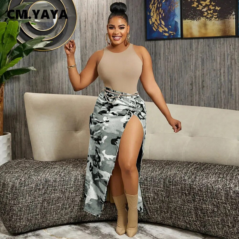 CM.YAYA Dámska módna maskáčová sukňa s gombíkmi a vysokým pásom, slim maxi dlhá cargo sukňa 2023, letná safari sukňa