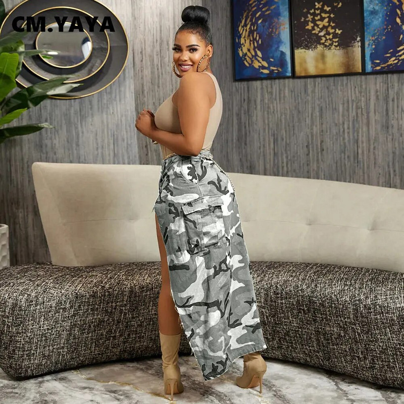 CM.YAYA Dámska módna maskáčová sukňa s gombíkmi a vysokým pásom, slim maxi dlhá cargo sukňa 2023, letná safari sukňa