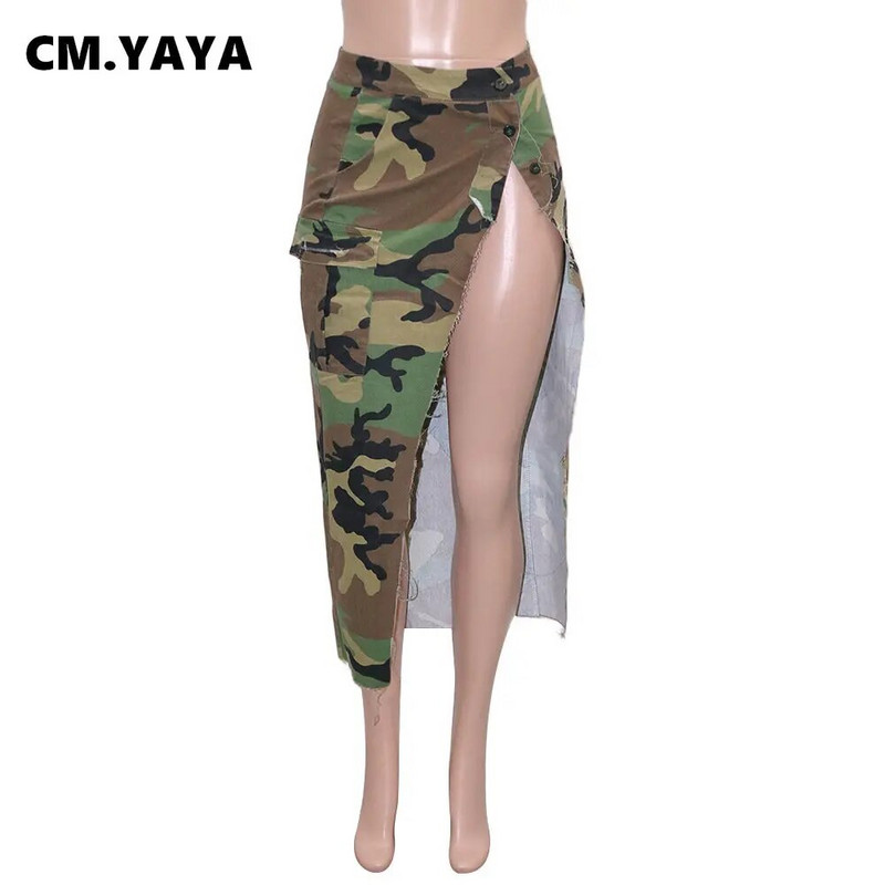 CM.YAYA Dámska módna maskáčová sukňa s gombíkmi a vysokým pásom, slim maxi dlhá cargo sukňa 2023, letná safari sukňa