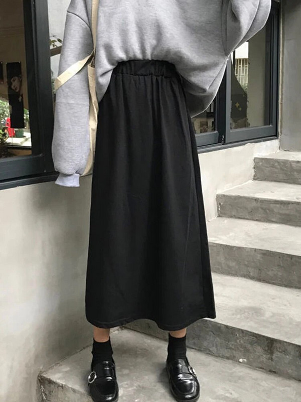 Sukne Dámske Jednoduché Jednofarebné Voľné 2XL Dlhá Sukňa Kórejský Štýl Elastická-Závažie A-Line Študentská Streetwear Trendy BF