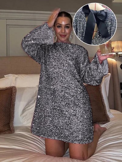 Módne jednofarebné flitrované šaty pre ženy, elegantné dámske okrúhle výstrihové mini spoločenské šaty s mašľou 2023, nové elegantné dlhé rukávy, vianočné šaty