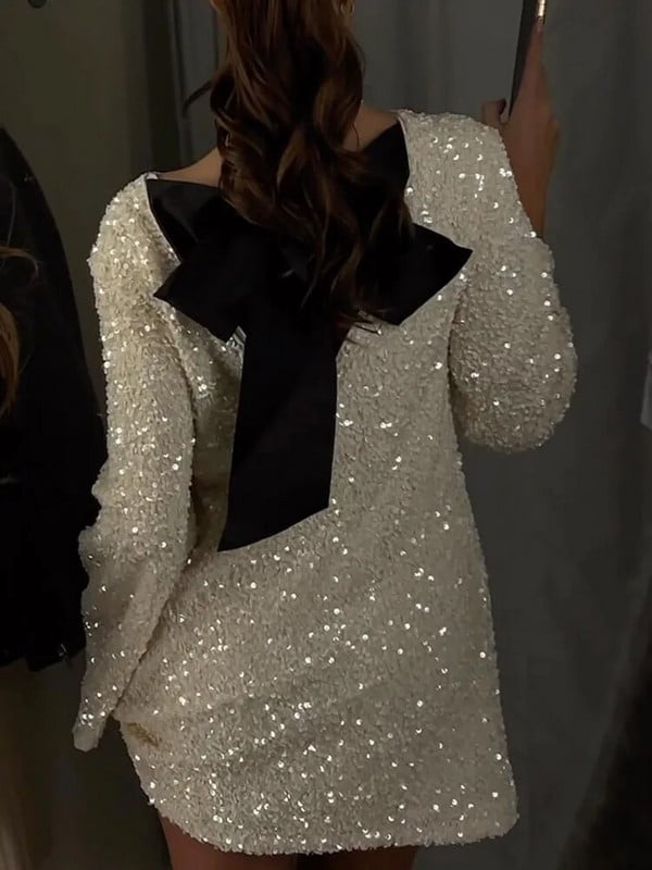 Módne jednofarebné flitrované šaty pre ženy, elegantné dámske okrúhle výstrihové mini spoločenské šaty s mašľou 2023, nové elegantné dlhé rukávy, vianočné šaty