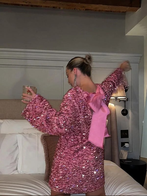 Módne jednofarebné flitrované šaty pre ženy, elegantné dámske okrúhle výstrihové mini spoločenské šaty s mašľou 2023, nové elegantné dlhé rukávy, vianočné šaty