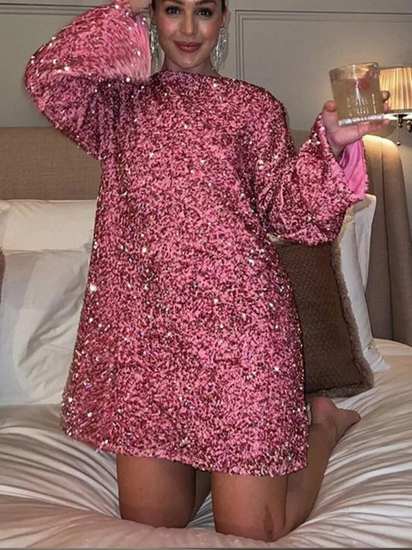 Módne jednofarebné flitrované šaty pre ženy, elegantné dámske okrúhle výstrihové mini spoločenské šaty s mašľou 2023, nové elegantné dlhé rukávy, vianočné šaty