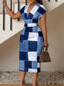 Rochie strânsă imprimată nouă de vară pentru femei, cu zăbrele simplă, cu decolteu în V adânc, rochie sexy înfășurată la șold, cu lungime medie, haine de vară pentru femei