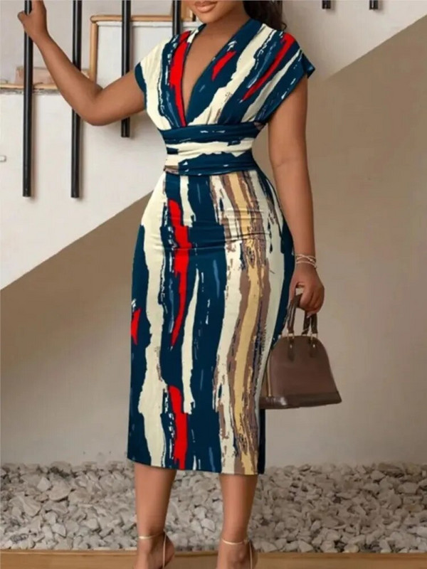 Rochie strânsă imprimată nouă de vară pentru femei, cu zăbrele simplă, cu decolteu în V adânc, rochie sexy înfășurată la șold, cu lungime medie, haine de vară pentru femei