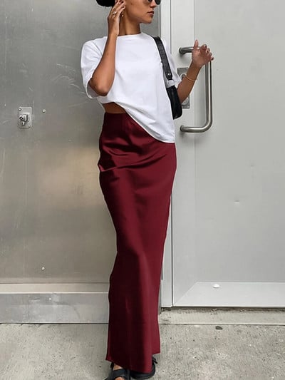 Elegantná saténová sukňa pre ženy, jesenná, s vysokým pásom, priliehavá, všetky zodpovedajúce sukne, dámska kancelárska sukňa Y2k, jednofarebný zips, dámska streetwear