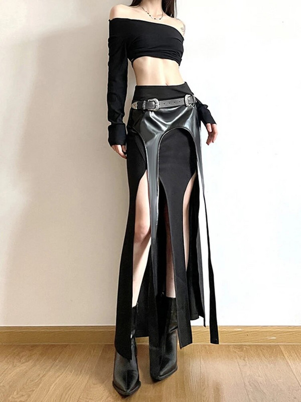 AltGoth Harajuku Cyber Punk nepravilna suknja Ženska tamna akademska gotička ulična odjeća Y2k Pu kožna patchwork suknja visokog struka