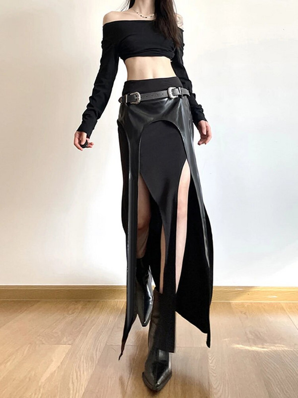 AltGoth Harajuku Cyber Punk nepravilna suknja Ženska tamna akademska gotička ulična odjeća Y2k Pu kožna patchwork suknja visokog struka