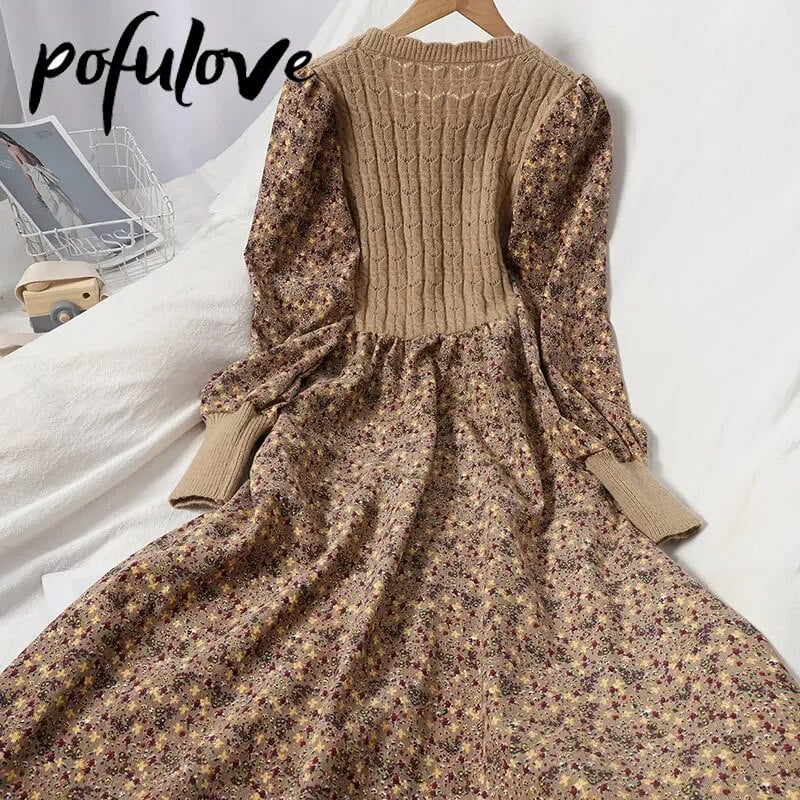Dámske kvetinové pletené šaty, vintage manšestrové pletené patchworkové šaty, kórejské dlhé obväzové šaty, jesenné a zimné oblečenie v štýle A