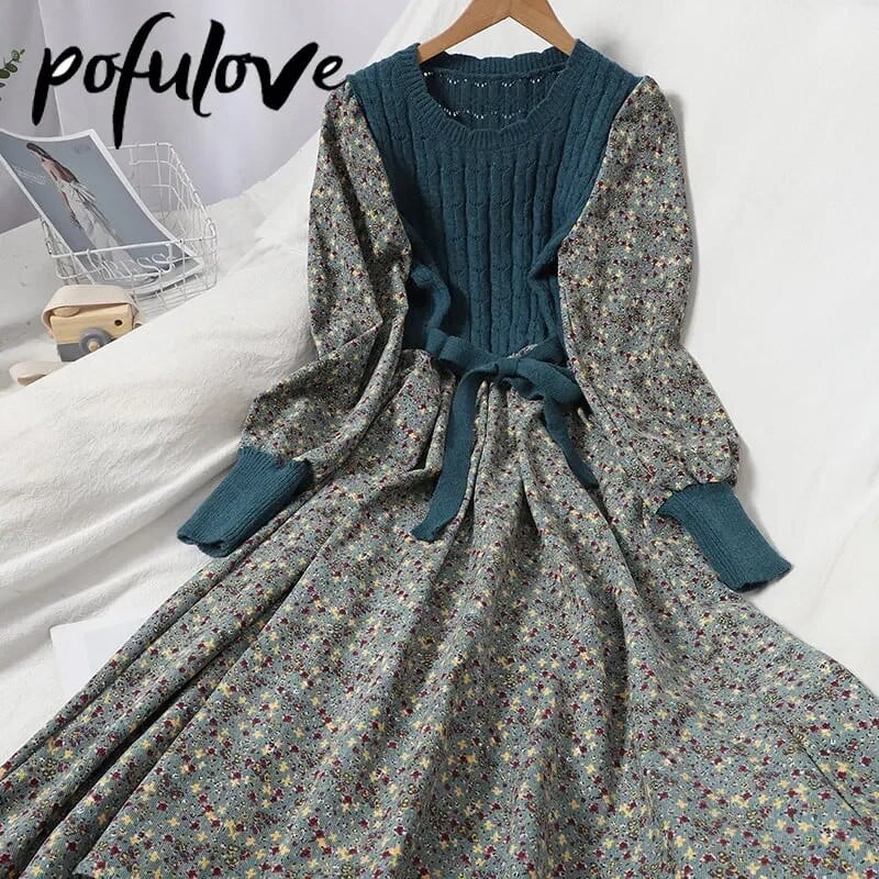 Dámske kvetinové pletené šaty, vintage manšestrové pletené patchworkové šaty, kórejské dlhé obväzové šaty, jesenné a zimné oblečenie v štýle A