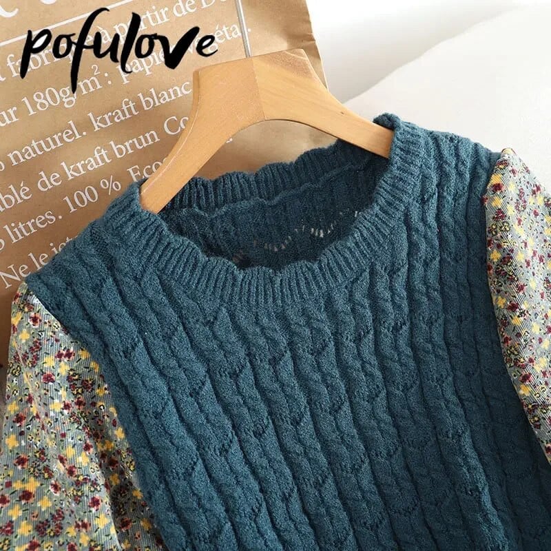 Dámske kvetinové pletené šaty, vintage manšestrové pletené patchworkové šaty, kórejské dlhé obväzové šaty, jesenné a zimné oblečenie v štýle A