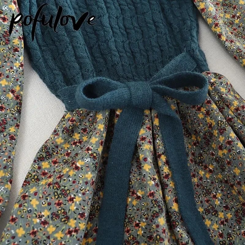 Dámske kvetinové pletené šaty, vintage manšestrové pletené patchworkové šaty, kórejské dlhé obväzové šaty, jesenné a zimné oblečenie v štýle A