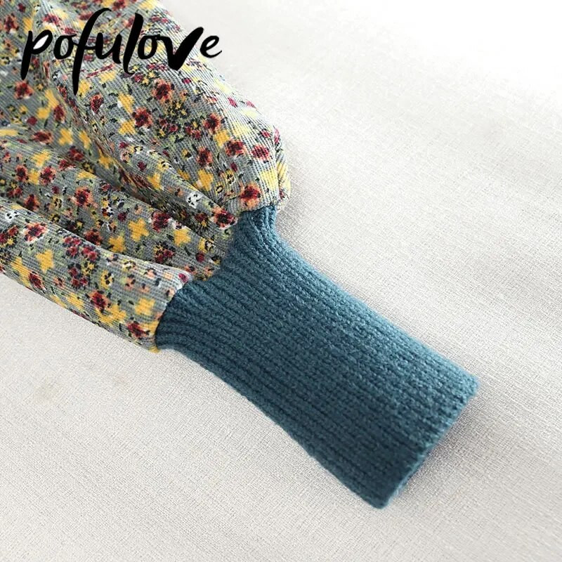 Dámske kvetinové pletené šaty, vintage manšestrové pletené patchworkové šaty, kórejské dlhé obväzové šaty, jesenné a zimné oblečenie v štýle A