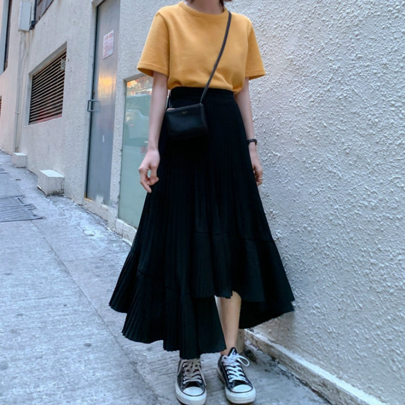 Ακανόνιστες γυναικείες φούστες Μασίφ πλισέ Streetwear Ασύμμετρη ψηλόμεση σιφόν Κορεατικής μόδας Chic Harajuku Simple New