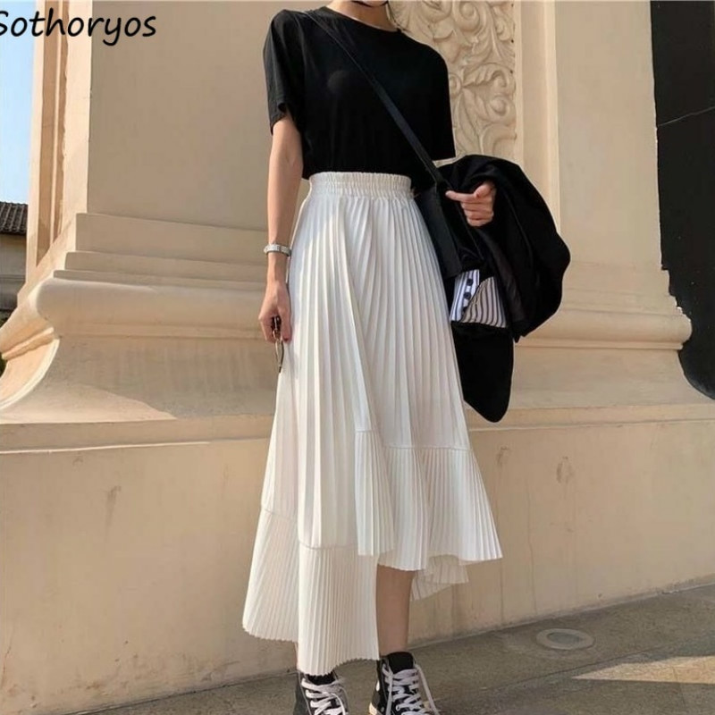 Ακανόνιστες γυναικείες φούστες Μασίφ πλισέ Streetwear Ασύμμετρη ψηλόμεση σιφόν Κορεατικής μόδας Chic Harajuku Simple New