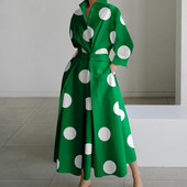 Rochie de toamnă cu mâneci lungi cu imprimeu cu puncte Rochii maxi elegante pentru femei 2023 alb ocazional cămașă cu decolteu în V rochie lungă de petrecere Robe Femme