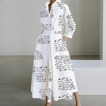 Φθινοπωρινό φόρεμα με μακρυμάνικο με κουκκίδα Κομψά μάξι φορέματα για γυναίκες 2023 Λευκό πουκάμισο με V λαιμόκοψη Μακρυμάνικο φόρεμα για πάρτι Femme