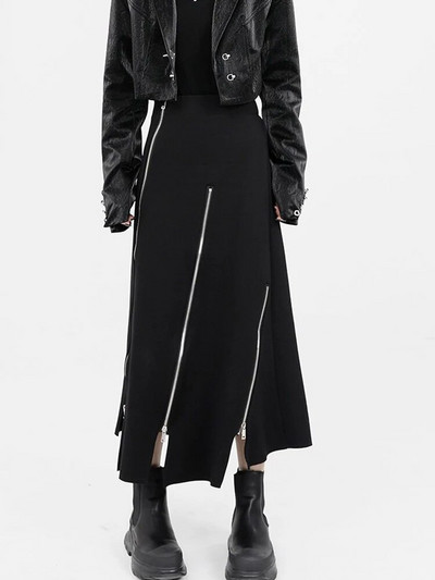 Jmprs Y2K Fuste cu fermoar pentru femei Fuste neregulate cu talie înaltă Fuste midi negre Coreeană Streetwear Fuste coreeane negre din anii 90 Nou