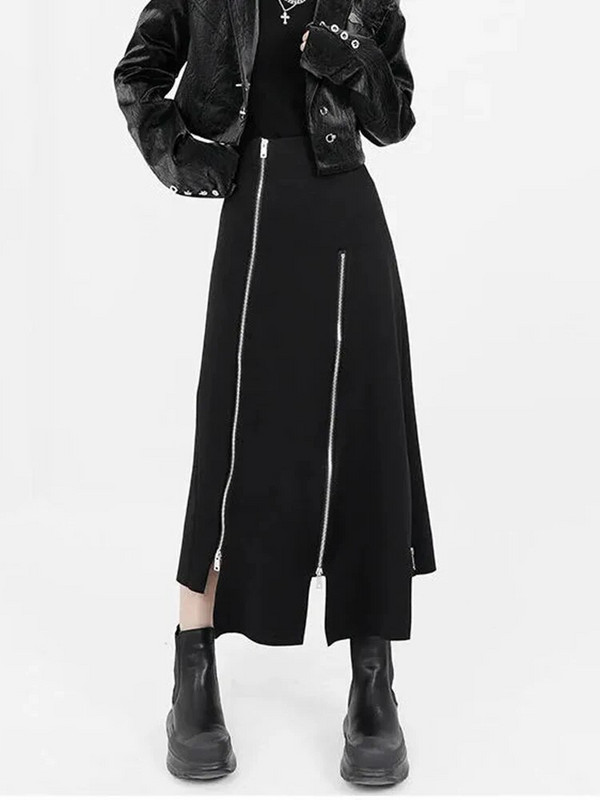 Jmprs Y2K Fuste cu fermoar pentru femei Fuste neregulate cu talie înaltă Fuste midi negre Coreeană Streetwear Fuste coreeane negre din anii 90 Nou