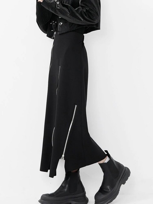 Jmprs Y2K Fuste cu fermoar pentru femei Fuste neregulate cu talie înaltă Fuste midi negre Coreeană Streetwear Fuste coreeane negre din anii 90 Nou