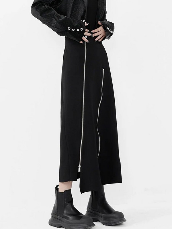 Jmprs Y2K Fuste cu fermoar pentru femei Fuste neregulate cu talie înaltă Fuste midi negre Coreeană Streetwear Fuste coreeane negre din anii 90 Nou
