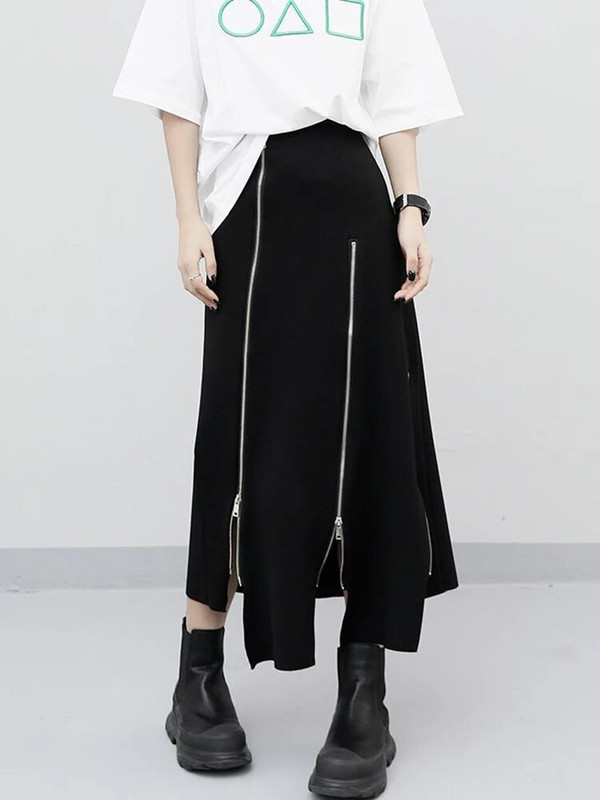 Jmprs Y2K Fuste cu fermoar pentru femei Fuste neregulate cu talie înaltă Fuste midi negre Coreeană Streetwear Fuste coreeane negre din anii 90 Nou