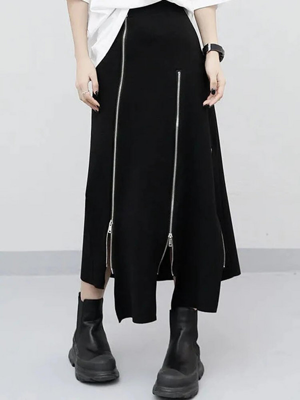 Jmprs Y2K Fuste cu fermoar pentru femei Fuste neregulate cu talie înaltă Fuste midi negre Coreeană Streetwear Fuste coreeane negre din anii 90 Nou