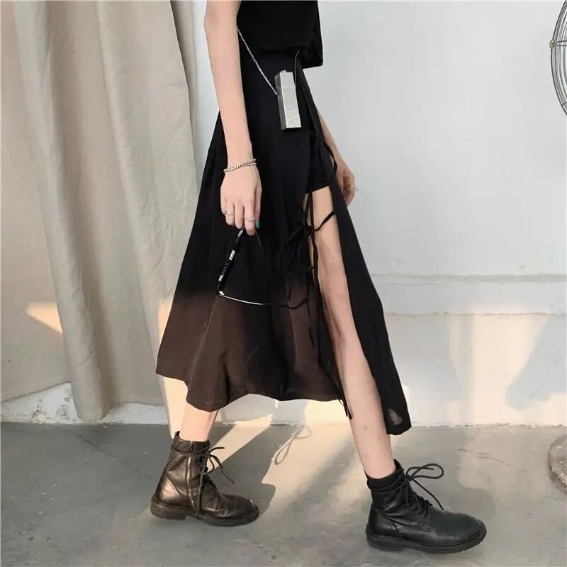 Vintage tamne gotičke suknje do sredine potkoljenice s visokim rascjepima Ženska elegantna modna klupska suknja visokog struka Femme Bottom Streetwear Goth suknja