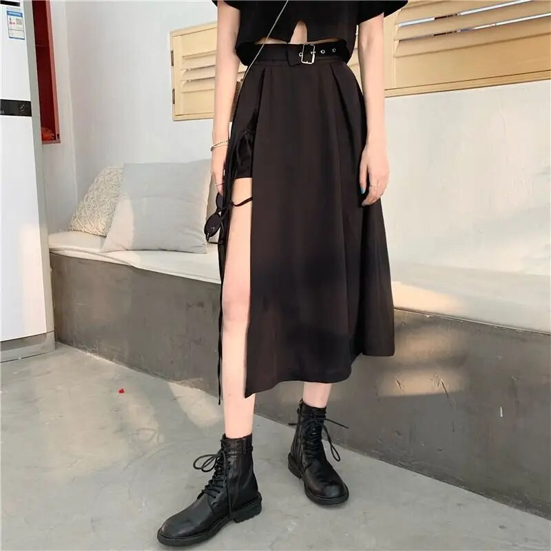 Vintage tamne gotičke suknje do sredine potkoljenice s visokim rascjepima Ženska elegantna modna klupska suknja visokog struka Femme Bottom Streetwear Goth suknja