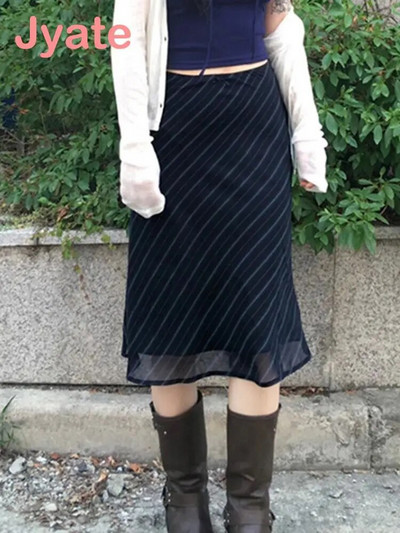 Fuste drepte cu imprimeu în dungi Jyate Fundă Y2K Vintage anii 90 Haine estetică din șifon Harajuku Moda Fusta drăguță pentru femei