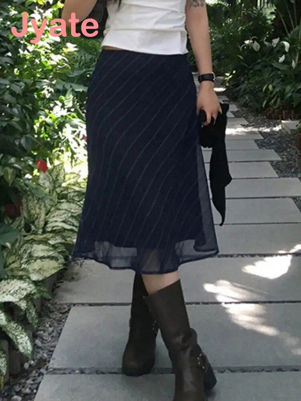 Fuste drepte cu imprimeu în dungi Jyate Fundă Y2K Vintage anii 90 Haine estetică din șifon Harajuku Moda Fusta drăguță pentru femei