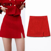 Μίνι γυναικεία φούστα HXAO Κόκκινο Tweed Κοντές φούστες Μόδα Φούστα γραμμής Φθινοπωρινό Γυναικείο Κομψό φούστες με σχισμή Wrap Streetwear Γυναικεία