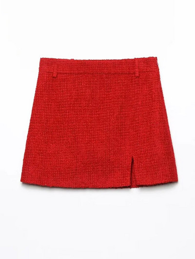 Μίνι γυναικεία φούστα HXAO Κόκκινο Tweed Κοντές φούστες Μόδα Φούστα γραμμής Φθινοπωρινό Γυναικείο Κομψό φούστες με σχισμή Wrap Streetwear Γυναικεία
