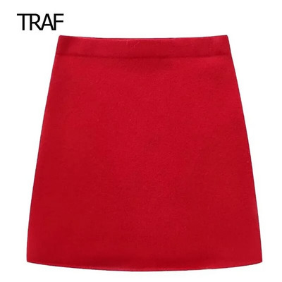 TRAF Mini fuste pentru femei moda 2023 toamna tricotata fusta rosie talie mijlocie fuste scurte estetice fusta eleganta si eleganta