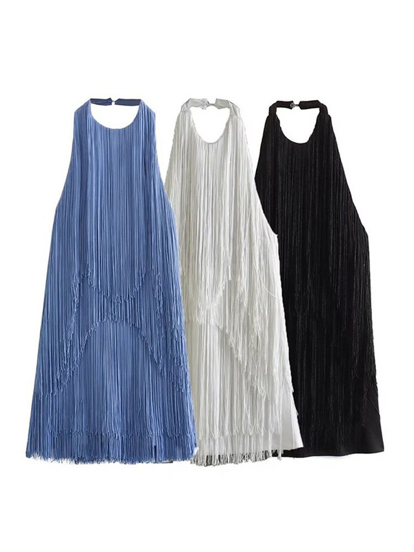 Szexi, hát nélküli bojtos női miniruha, kék, bő kötőfék, ujjatlan, A vonalú estélyi ruhák, női 2023-as nyári Vestido