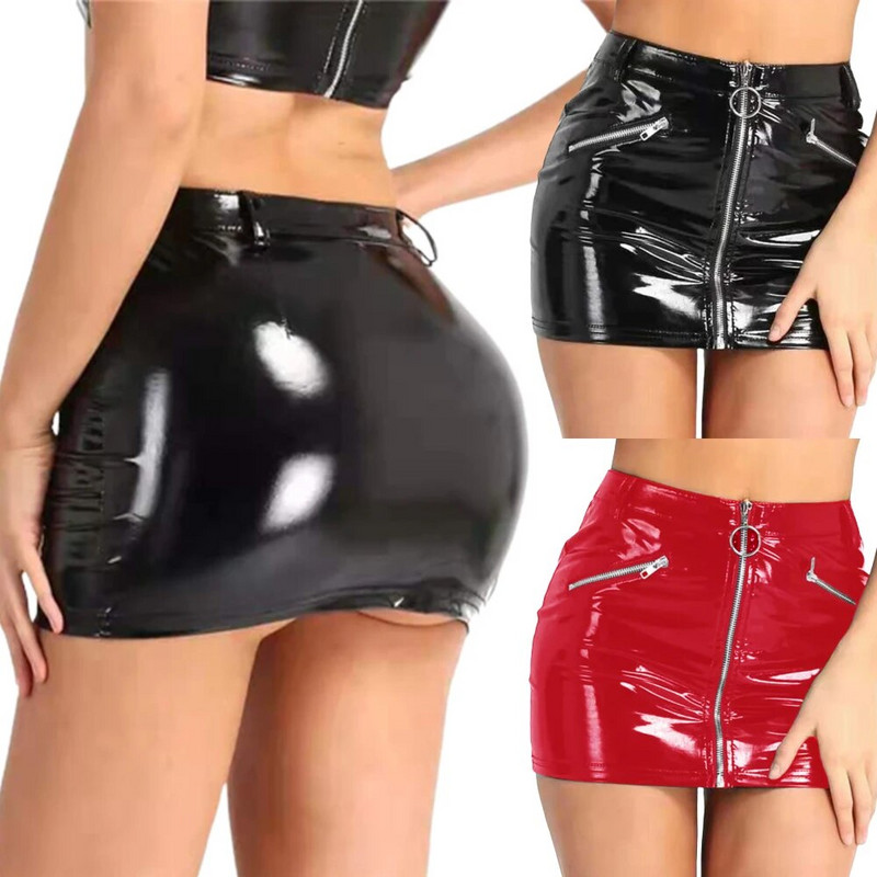 Ženska mini odjeća za zabave od umjetne kože Suknje s lažnim patentnim zatvaračem i džepovima uz donji dio Mini suknja Pole Dance Latex kratke suknje Wetlook Clubwear