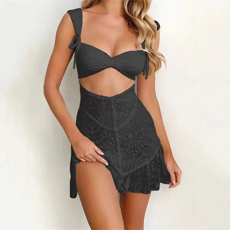 Rochie scurtă din dantelă de petrecere, albă, sexy, pentru fete 2024, cu talie legată, slim fit, cu spatele deschis, brodata pentru femei, fără spate, Dropshipping 799