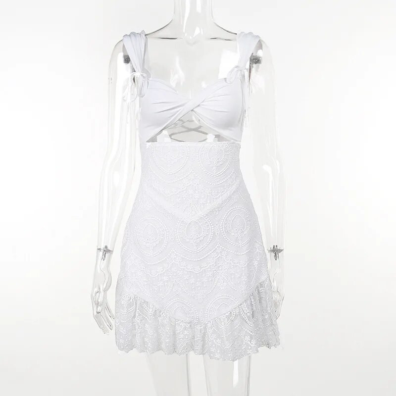 Rochie scurtă din dantelă de petrecere, albă, sexy, pentru fete 2024, cu talie legată, slim fit, cu spatele deschis, brodata pentru femei, fără spate, Dropshipping 799